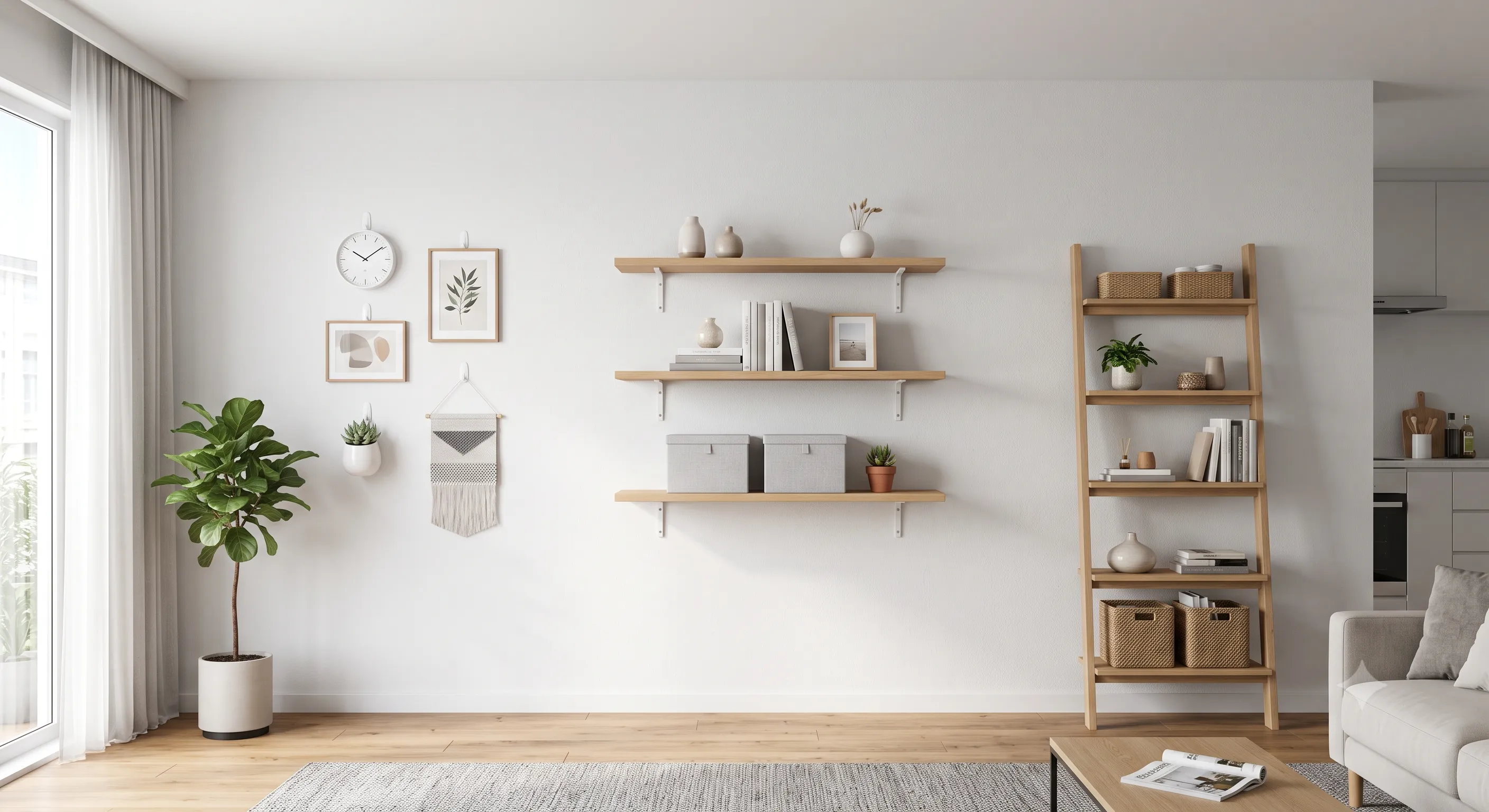 明るい部屋の壁面に、棚と収納家具が並んでいる。