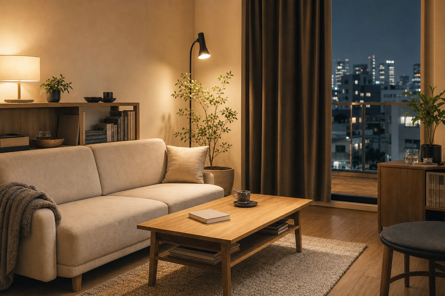 夜の一人暮らしの部屋。ソファ、木のテーブル、照明、植物が落ち着いた雰囲気で置かれている。